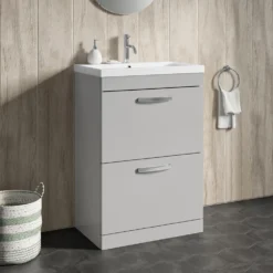 Emily 600mm Floorstanding 2 Drawer Vanity Unit & Minimalist Basin - Gloss White -Vado Shop drench emily 600mm floor standing unit mid edged basin 2drawer gloss grey mist lifestyle1