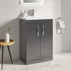Emily 600mm Floorstanding Vanity Unit & Minimalist Basin - Natural Oak -Vado Shop drench emily 600mm floor standing unit mid edged basin gloss grey lifestyle2