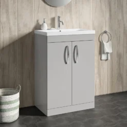 Emily 600mm Floorstanding Vanity Unit & Minimalist Basin - Natural Oak -Vado Shop drench emily 600mm floor standing unit mid edged basin gloss grey mist lifestyle1