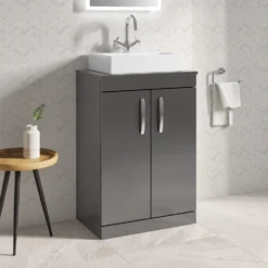 Emily 600mm Floorstanding Unit And Countertop - Natural Oak - 500mm Pura Countertop Basin -Vado Shop drench emily 600mm floor standing unit worktop gloss grey lifestyle1