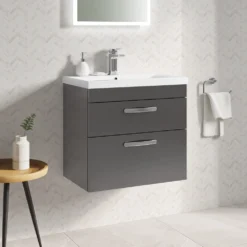 Emily 600mm Wall Mounted 2 Drawer Vanity Unit & Mid-Edged Basin - Hacienda Black 13 Emily 600mm Wall Mounted 2 Drawer Vanity Unit & Mid-Edged Basin - Hacienda Black -Vado Shop drench emily 600mm wall hung 2drawer mid edge basin gloss grey lifestyle1