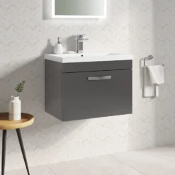 Emily 600mm Wall Mounted 1 Drawer Vanity Unit & Mid-Edged Basin - Natural Oak -Vado Shop drench emily 600mm wall hung vanity 1drawer mid edge basin gloss grey lifestyle1