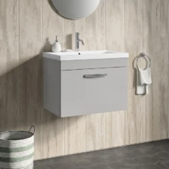 Emily 600mm Wall Mounted 1 Drawer Vanity Unit & Mid-Edged Basin - Natural Oak -Vado Shop drench emily 600mm wall hung vanity 1drawer mid edge basin gloss grey mist lifestyle2