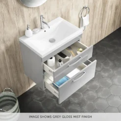 Emily 600mm Wall Mounted 2 Drawer Vanity Unit & Mid-Edged Basin - Hacienda Black 14 Emily 600mm Wall Mounted 2 Drawer Vanity Unit & Mid-Edged Basin - Hacienda Black -Vado Shop drench emily 600mm wall hung vanity 2drawer mid edge basin gloss grey mist lifestyle3 overlay