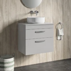 Emily 600mm Wall Mounted 2 Drawer Unit And Countertop - Natural Oak - Hudson Reed Rectangular Countertop Basin -Vado Shop drench emily 600mm wall hung vanity worktop 2drawer gloss grey mist lifestyle1