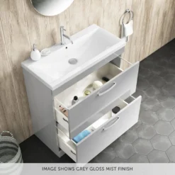 Emily 800mm Floorstanding 2 Drawer Vanity Unit & Minimalist Basin - Gloss White -Vado Shop drench emily 800mm floor standing unit mid edged basin 2drawer gloss grey mist lifestyle overlay