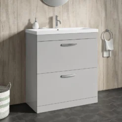 Emily 800mm Floorstanding 2 Drawer Vanity Unit & Minimalist Basin - Gloss White -Vado Shop drench emily 800mm floor standing unit mid edged basin 2drawer gloss grey mist lifestyle1