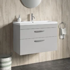 Emily 800mm Wall Mounted 2 Drawer Vanity Unit & Minimalist Basin - Gloss White 9 Emily 800mm Wall Mounted 2 Drawer Vanity Unit & Minimalist Basin - Gloss White -Vado Shop drench emily 800mm wall hung 2drawer mid edged basin gloss grey mist lifestyle1