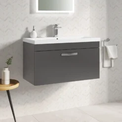 Emily 800mm Wall Mounted 1 Drawer Vanity Unit & Mid-Edged Basin - Gloss White -Vado Shop drench emily 800mm wall hung mid edged basin gloss grey lifestyle1