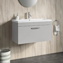 Emily 800mm Wall Mounted 1 Drawer Vanity Unit & Mid-Edged Basin - Gloss White -Vado Shop drench emily 800mm wall hung unit mid edged basin gloss grey mist lifestyle1