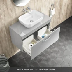 Emily 800mm Wall Mounted 1 Drawer Vanity Unit & Mid-Edged Basin - Gloss White -Vado Shop drench emily 800mm wall hung worktop gloss grey mist banner2
