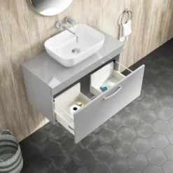 Emily 800mm Wall Mounted 1 Drawer Unit And Countertop - Natural Oak - No Basin -Vado Shop drench emily 800mm wall hung worktop gloss grey mist lifestyle3