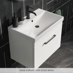 Emily 600mm Gloss White Floorstanding 2 Door Vanity Unit, Thin-Edged Basin, Brushed Brass Handles & Overflow 7 Emily 600mm Gloss White Floorstanding 2 Door Vanity Unit, Thin-Edged Basin, Brushed Brass Handles & Overflow -Vado Shop drench emily thin edge basin top view banner lifestyle 1 8