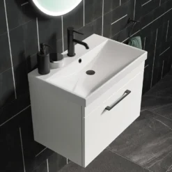 Emily 800mm Gloss White Wall Mounted 1 Drawer Vanity Unit, Thin-Edged Basin, Matt Black Handle & Overflow 7 Emily 800mm Gloss White Wall Mounted 1 Drawer Vanity Unit, Thin-Edged Basin, Matt Black Handle & Overflow -Vado Shop drench emily thin edged basin lifestyle