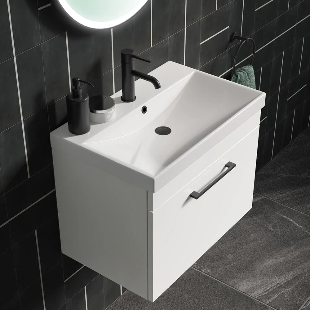 Emily 800mm Gloss White Wall Mounted 1 Drawer Vanity Unit, Thin-Edged Basin, Matt Black Handle & Overflow 3 Emily 800mm Gloss White Wall Mounted 1 Drawer Vanity Unit, Thin-Edged Basin, Matt Black Handle & Overflow - Image 3