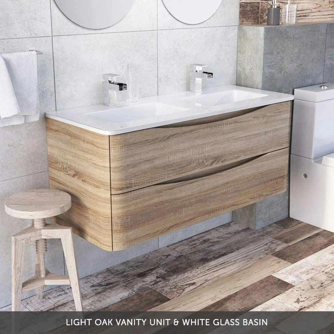 Maia 1200mm Wall Mounted Gloss White Vanity Unit & Opal White Glass Double Basin 7 Maia 1200mm Wall Mounted Gloss White Vanity Unit & Opal White Glass Double Basin - Image 7