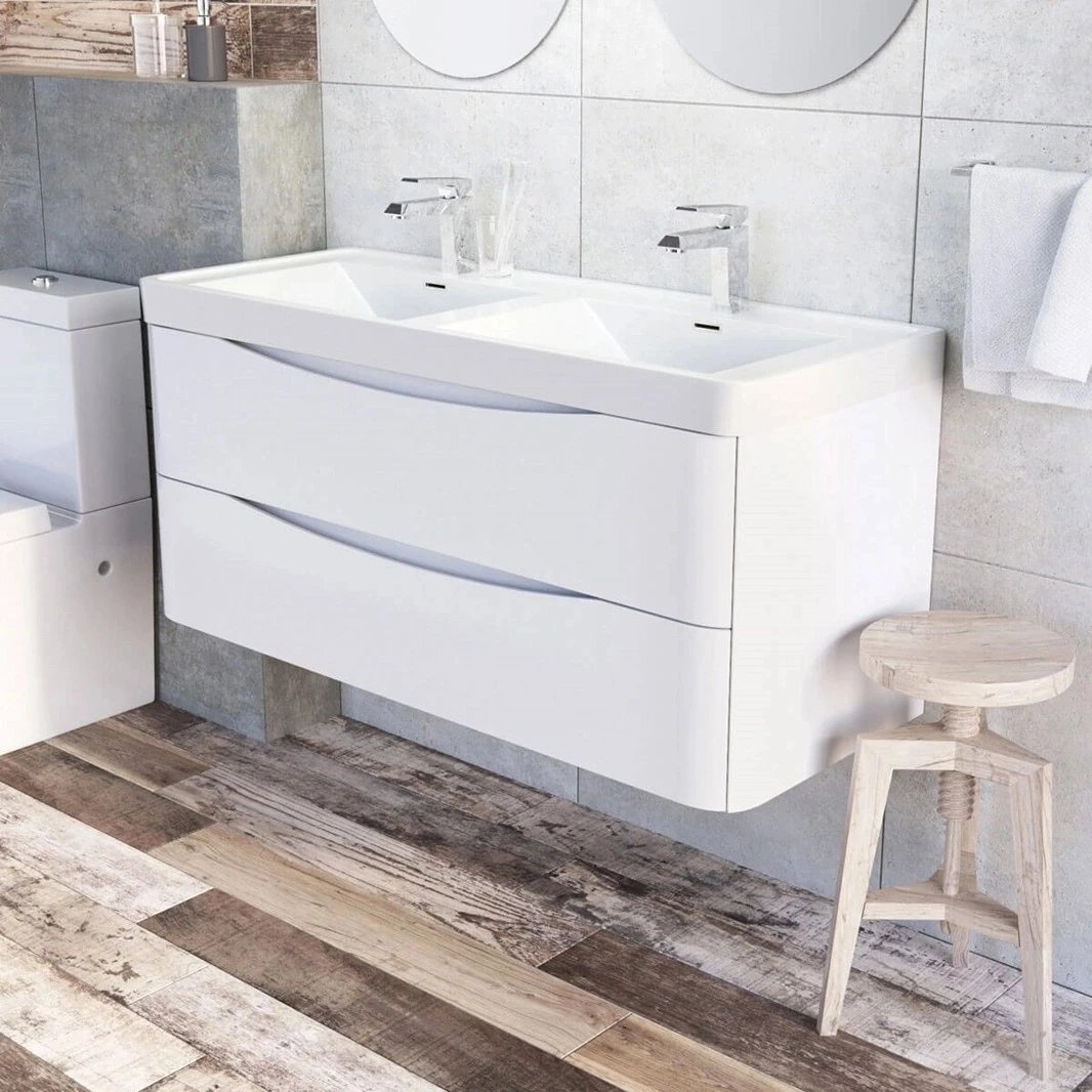 Maia 1200mm Wall Mounted Gloss White Vanity Unit & Opal White Glass Double Basin 2 Maia 1200mm Wall Mounted Gloss White Vanity Unit & Opal White Glass Double Basin - Image 2