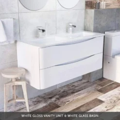 Maia 1200mm Wall Mounted Gloss White Vanity Unit & Opal White Glass Double Basin 16 Maia 1200mm Wall Mounted Gloss White Vanity Unit & Opal White Glass Double Basin -Vado Shop drench maia 1200 white gloss vanity unit white glass basin