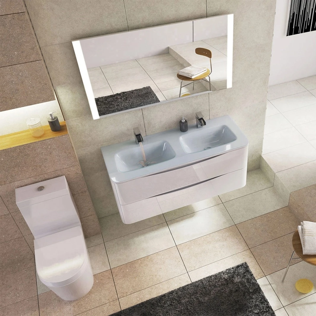 Maia 1200mm Wall Mounted Gloss White Vanity Unit & Opal White Glass Double Basin 11 Maia 1200mm Wall Mounted Gloss White Vanity Unit & Opal White Glass Double Basin - Image 11