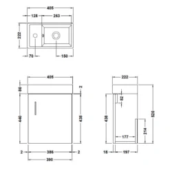 Minnie 400mm Wall Mounted Cloakroom Vanity Unit & Basin - Gloss White -Vado Shop drench minnie 400mm wall mounted vanity unit tech drawing 2
