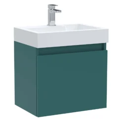Minnie 500mm Wall Mounted 1 Door Vanity Unit & Polymarble Basin - Aurora Teal -Vado Shop drench minnie 500 wall hung unit and basin teal cutout