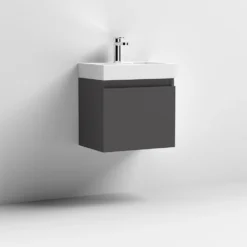 Minnie Wall Hung 500mm Cabinet & Polymarble Basin - Gloss Grey -Vado Shop drench minnie 500mm vanity unit gloss grey 2