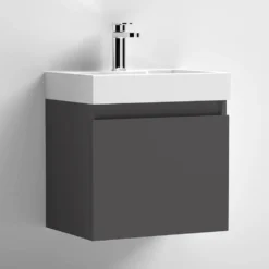 Minnie Wall Hung 500mm Cabinet & Polymarble Basin - Gloss Grey -Vado Shop drench minnie 500mm vanity unit gloss grey