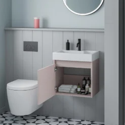 Minnie 500mm Wall Mounted 1 Door Vanity Unit & Polymarble Basin - Blush Pink 9 Minnie 500mm Wall Mounted 1 Door Vanity Unit & Polymarble Basin - Blush Pink -Vado Shop drench minnie blush pink 500mm wall hung unit internal lifestyle
