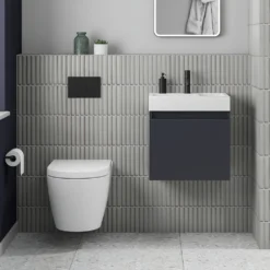 Minnie 500mm Wall Mounted 1 Door Vanity Unit & Polymarble Basin - Electric Blue -Vado Shop drench minnie electric blue slimline cloakroom wallhung vanity unit lifestyle