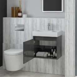 Minnie Wall Hung 500mm Cabinet & Polymarble Basin - Gloss Grey -Vado Shop drench minnie gloss grey 500mm wall hung unit internal lifestyle