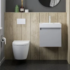 Minnie Wall Hung 500mm Cabinet & Polymarble Basin - Gloss Grey Mist 14 Minnie Wall Hung 500mm Cabinet & Polymarble Basin - Gloss Grey Mist -Vado Shop drench minnie gloss grey mist standard cloakroom wallhung vanity unit lifestyle