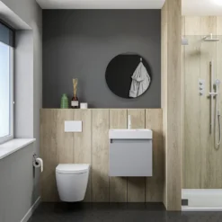 Minnie Wall Hung 500mm Cabinet & Polymarble Basin - Gloss Grey Mist 15 Minnie Wall Hung 500mm Cabinet & Polymarble Basin - Gloss Grey Mist -Vado Shop drench minnie gloss grey mist standard cloakroom wallhung vanity unit lifestyle1