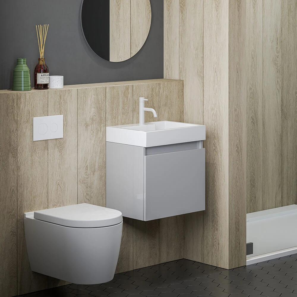 Minnie Wall Hung 500mm Cabinet & Polymarble Basin - Gloss Grey Mist 3 Minnie Wall Hung 500mm Cabinet & Polymarble Basin - Gloss Grey Mist - Image 3