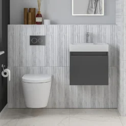 Minnie Wall Hung 500mm Cabinet & Polymarble Basin - Gloss Grey -Vado Shop drench minnie gloss grey standard cloakroom wallhung vanity unit lifestyle
