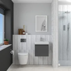 Minnie Wall Hung 500mm Cabinet & Polymarble Basin - Gloss Grey -Vado Shop drench minnie gloss grey standard cloakroom wallhung vanity unit lifestyle1