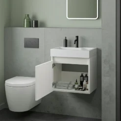 Minnie 500mm Wall Mounted 1 Door Vanity Unit & Polymarble Basin - Gloss White 12 Minnie 500mm Wall Mounted 1 Door Vanity Unit & Polymarble Basin - Gloss White -Vado Shop drench minnie gloss white 500mm wall hung unit internal lifestyle