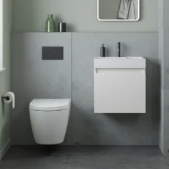 Minnie 500mm Wall Mounted 1 Door Vanity Unit & Polymarble Basin - Gloss White 13 Minnie 500mm Wall Mounted 1 Door Vanity Unit & Polymarble Basin - Gloss White -Vado Shop drench minnie gloss white standard cloakroom wallhung vanity unit lifestyle