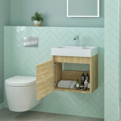 Minnie 500mm Wall Mounted 1 Door Vanity Unit & Polymarble Basin - Natural Oak 12 Minnie 500mm Wall Mounted 1 Door Vanity Unit & Polymarble Basin - Natural Oak -Vado Shop drench minnie natural oak 500mm wall hung unit internal lifestyle