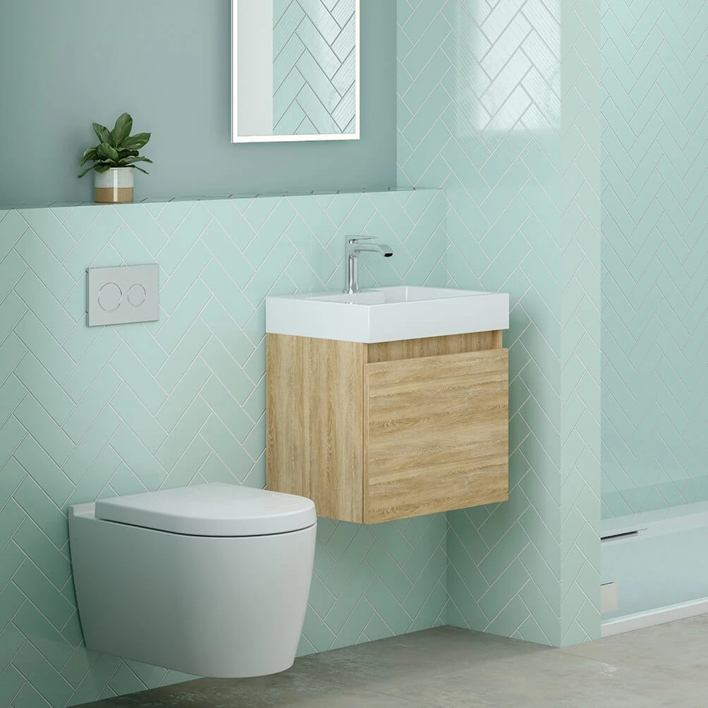 Minnie 500mm Wall Mounted 1 Door Vanity Unit & Polymarble Basin - Natural Oak 2 Minnie 500mm Wall Mounted 1 Door Vanity Unit & Polymarble Basin - Natural Oak - Image 2