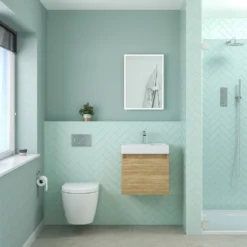 Minnie 500mm Wall Mounted 1 Door Vanity Unit & Polymarble Basin - Natural Oak 14 Minnie 500mm Wall Mounted 1 Door Vanity Unit & Polymarble Basin - Natural Oak -Vado Shop drench minnie natural oak standard cloakroom wallhung vanity unit lifestyle1