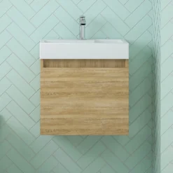 Minnie 500mm Wall Mounted 1 Door Vanity Unit & Polymarble Basin - Natural Oak