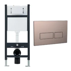 Wall Hung Toilet Frame, Pneumatic Concealed Cistern & Dual Flush Plate With Angular Buttons - Brushed Bronze -Vado Shop drench wc frame cistern and plate angular buttons brushed bronze
