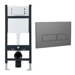 Wall Hung Toilet Frame, Pneumatic Concealed Cistern & Dual Flush Plate With Angular Buttons - Brushed Bronze -Vado Shop drench wc frame cistern and plate angular buttons gunmetal