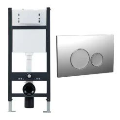 Wall Hung Toilet Frame, Pneumatic Concealed Cistern & Dual Flush Plate With Round Buttons - Chrome