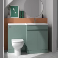 Dylan 1100mm Combination Left Hand Basin & Toilet Unit - Green -Vado Shop dylan green 1100 combi unit right lifestyle2 scaled