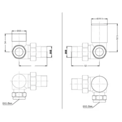 EliteHeat Corner Radiator Valves (Pair) - Brushed Brass -Vado Shop elite heat corner radiator valves tech drawing 1
