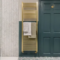 EliteHeat Steel Ladder Heated Towel Rail 25mm Bars - Brushed Brass - 800 X 500mm -Vado Shop eliteheat steel ladder heated towel rail 1600x500mm brushed brass lifestyle scaled