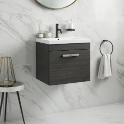 Emily 500mm Wall Mounted 1 Drawer Vanity Unit & Mid-Edged Basin - Hacienda Black -Vado Shop emily 500 wall 1drawer vanity unit basin black