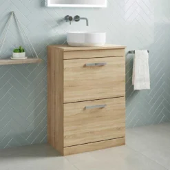 Emily 600mm Floorstanding 2 Drawer Unit In Natural Oak And Alana 460mm Countertop Basin -Vado Shop emily 600 floor 2drawer unit countertop oak