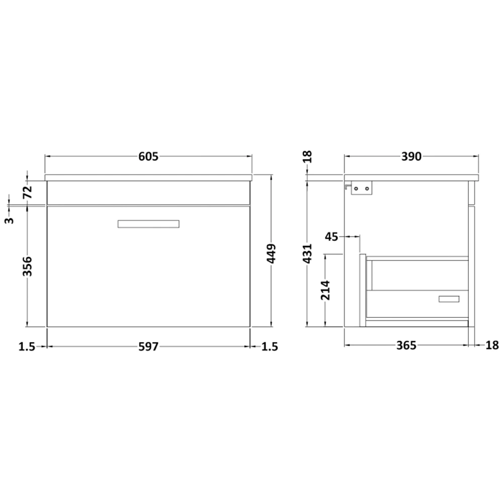 Emily 600mm Wall Mounted 1 Drawer Unit And Countertop - Gloss White - Hudson Reed Rectangular Countertop Basin 12 Emily 600mm Wall Mounted 1 Drawer Unit And Countertop - Gloss White - Hudson Reed Rectangular Countertop Basin - Image 12